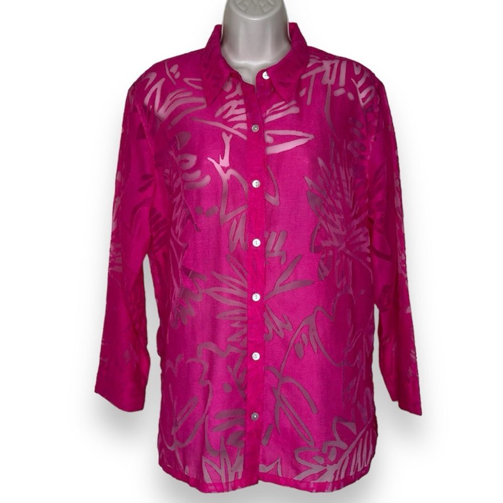 Chicos Pink Semi Sheer Linen Blend Tropical Long Sleeve Button Up Women Medium